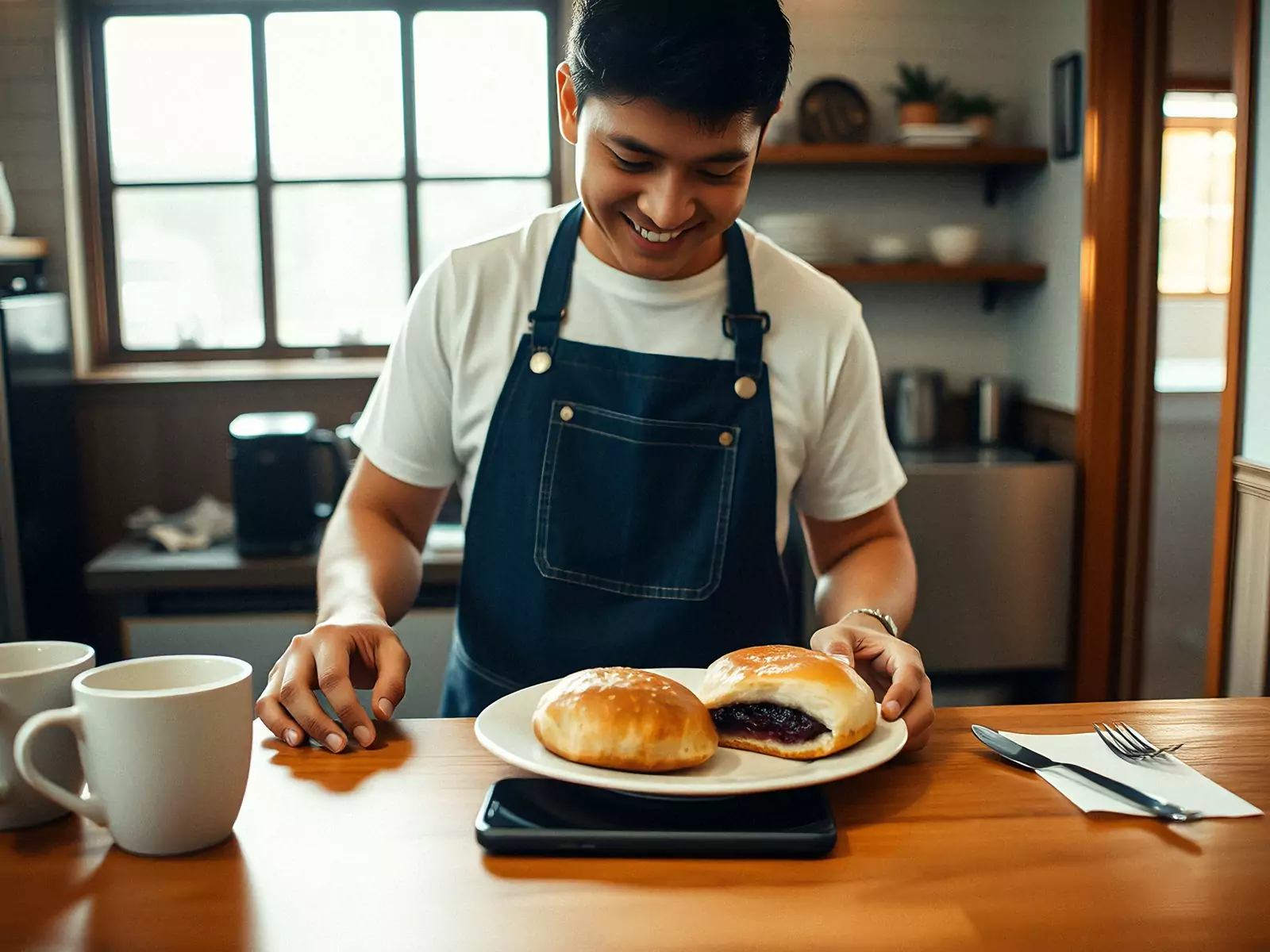 A cafe owner photographing his pastries on a small tripod