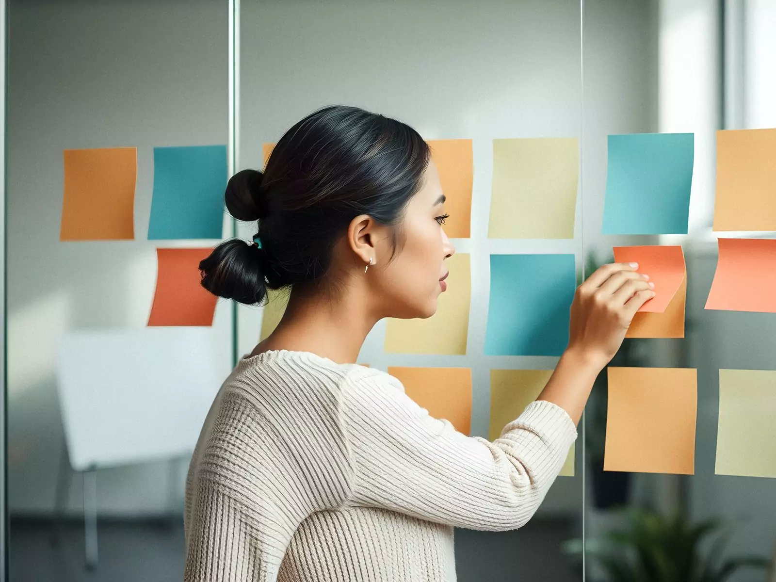 A planner arranging coloured notes on a glass wall into a week