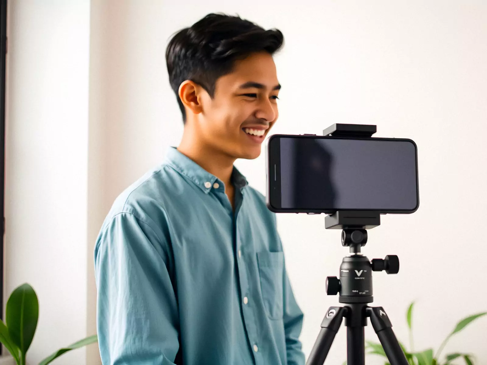 A young man recording a video on a phone rig against a plain wall