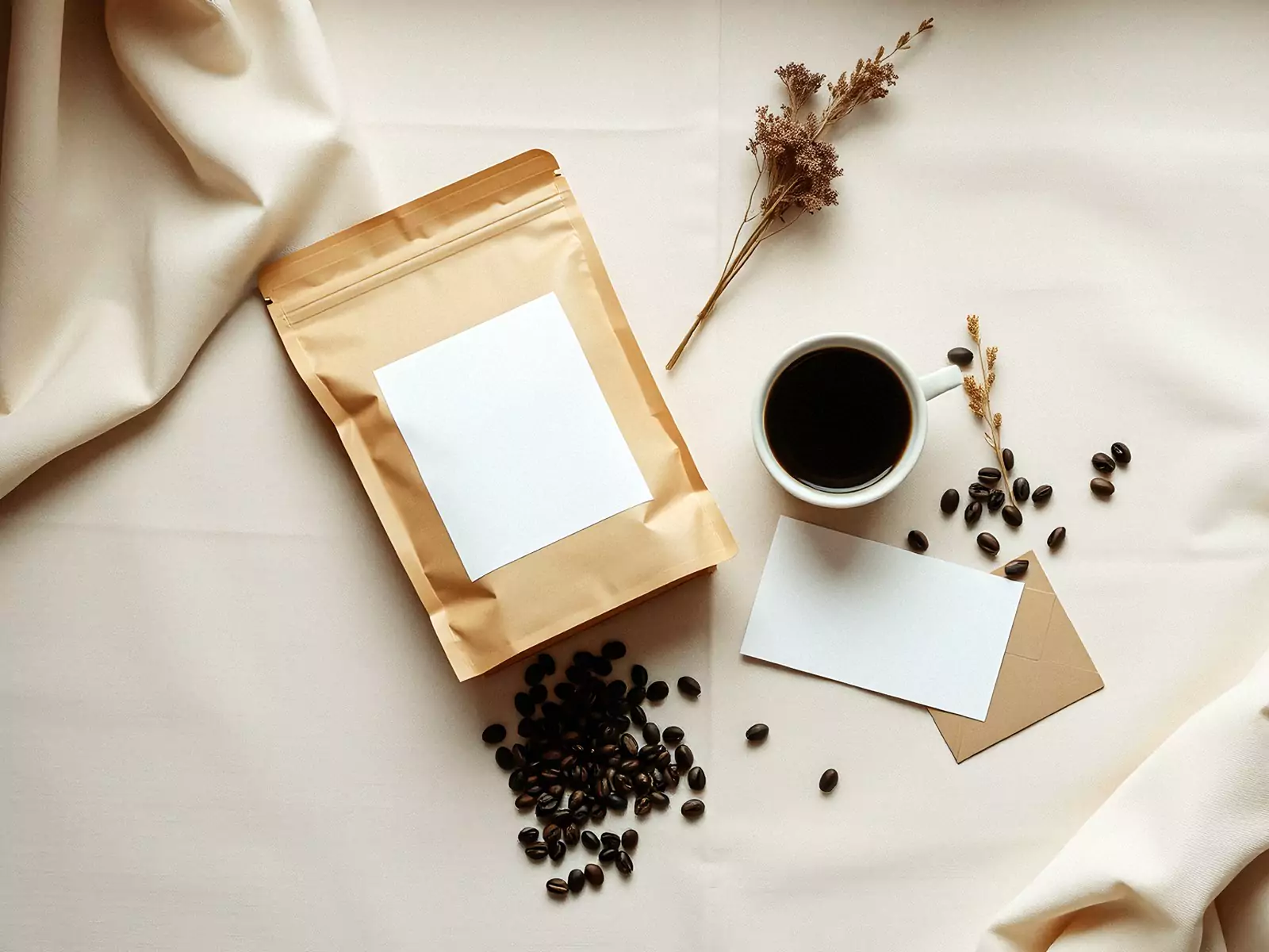 Hands styling coffee beans, a cup and a phone for a product photo