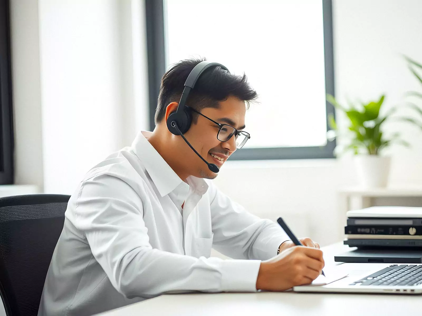 A sales assistant with a headset taking notes during a call