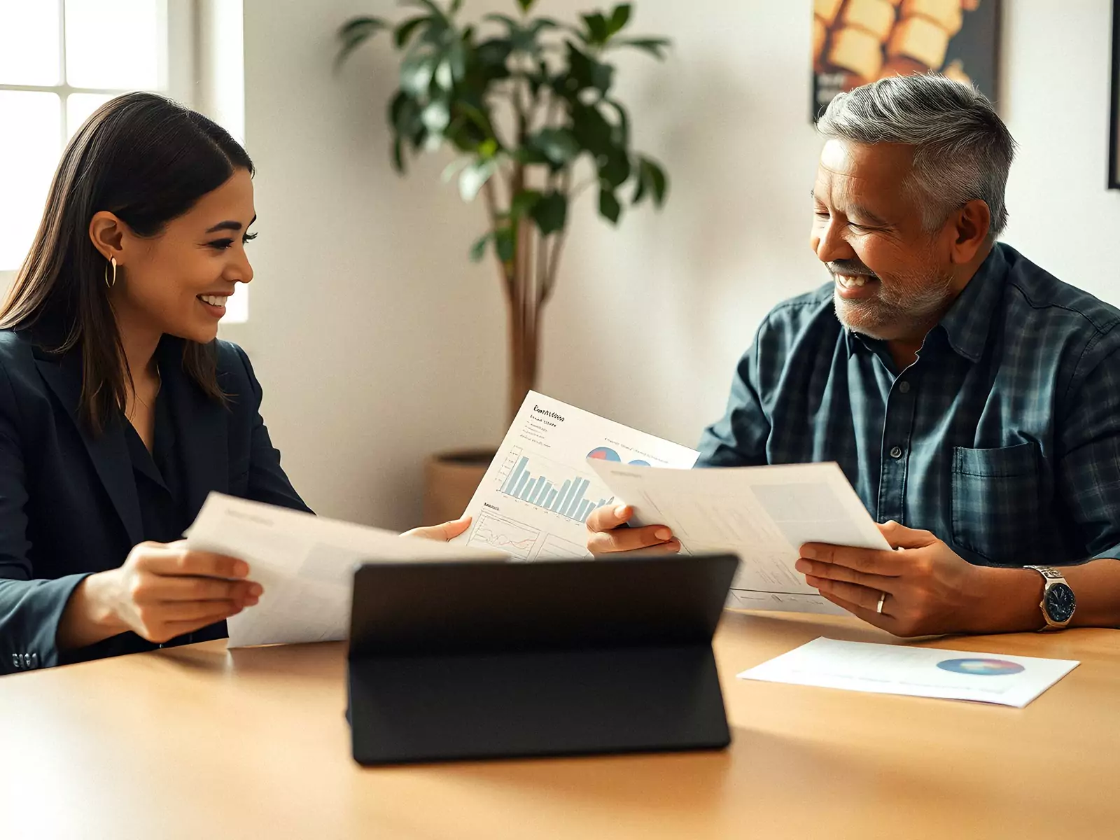 Two people going over a printed report and a tablet at a table
