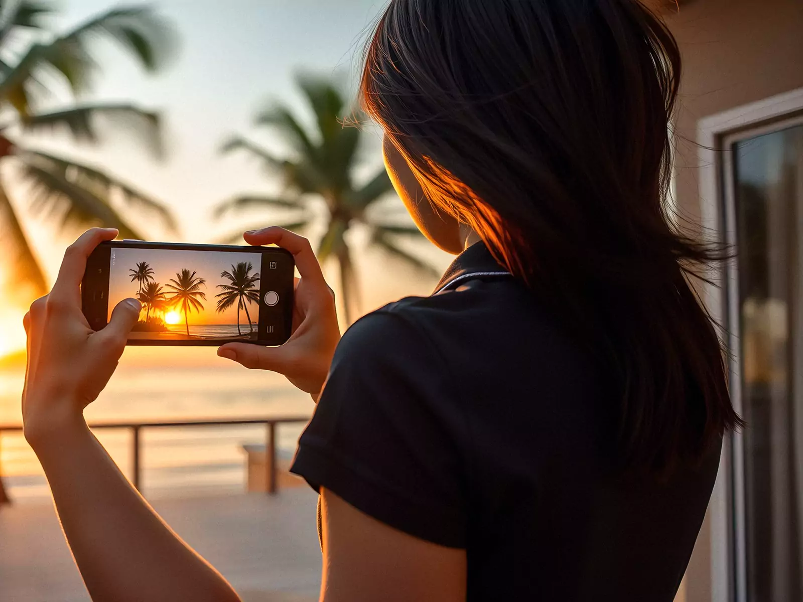 A resort marketer filming the beach view from a thatched deck