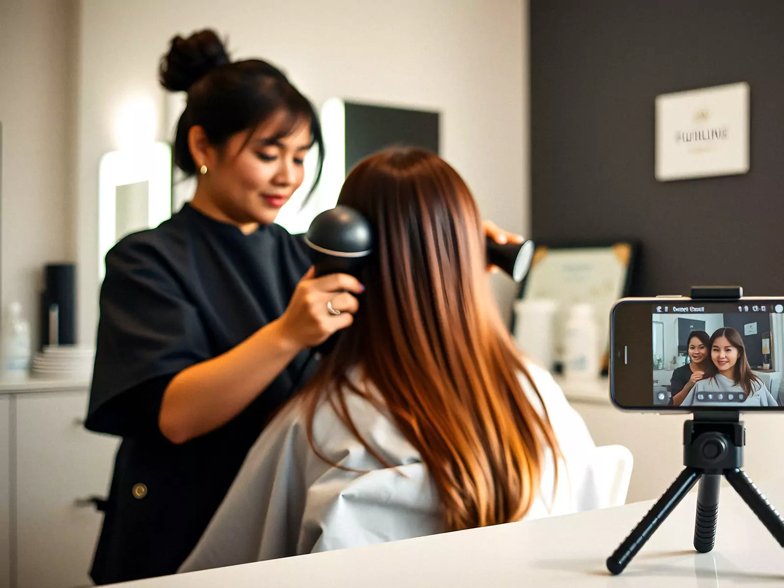 A salon owner filming her stylist at work for social media